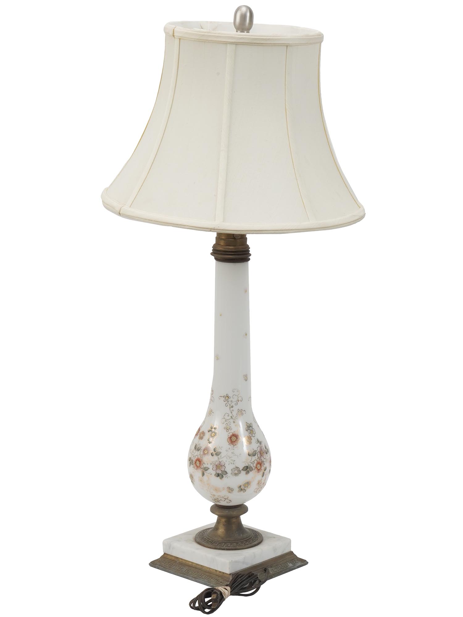 HAND PAINTED BRASS WHITE GLASS TABLE LAMP W SHADE PIC-1